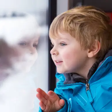 Мальчик в синей куртке выглядывает из окна поезда