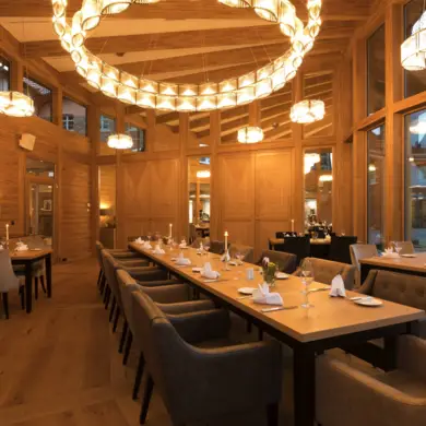 Large restaurant with large chandelier