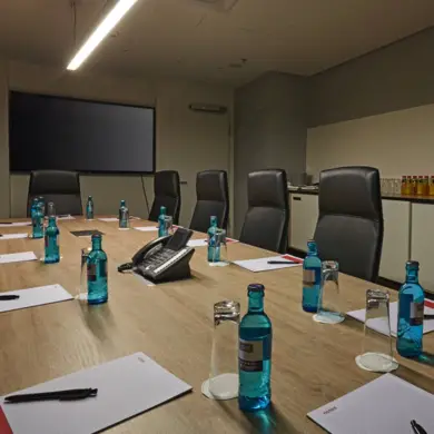 Großer Konferenztisch in einem Boardroom mit Lederstühlen und einem Telefon in der Mitte des Tisches. An der Wand hängt ein Fernseher.