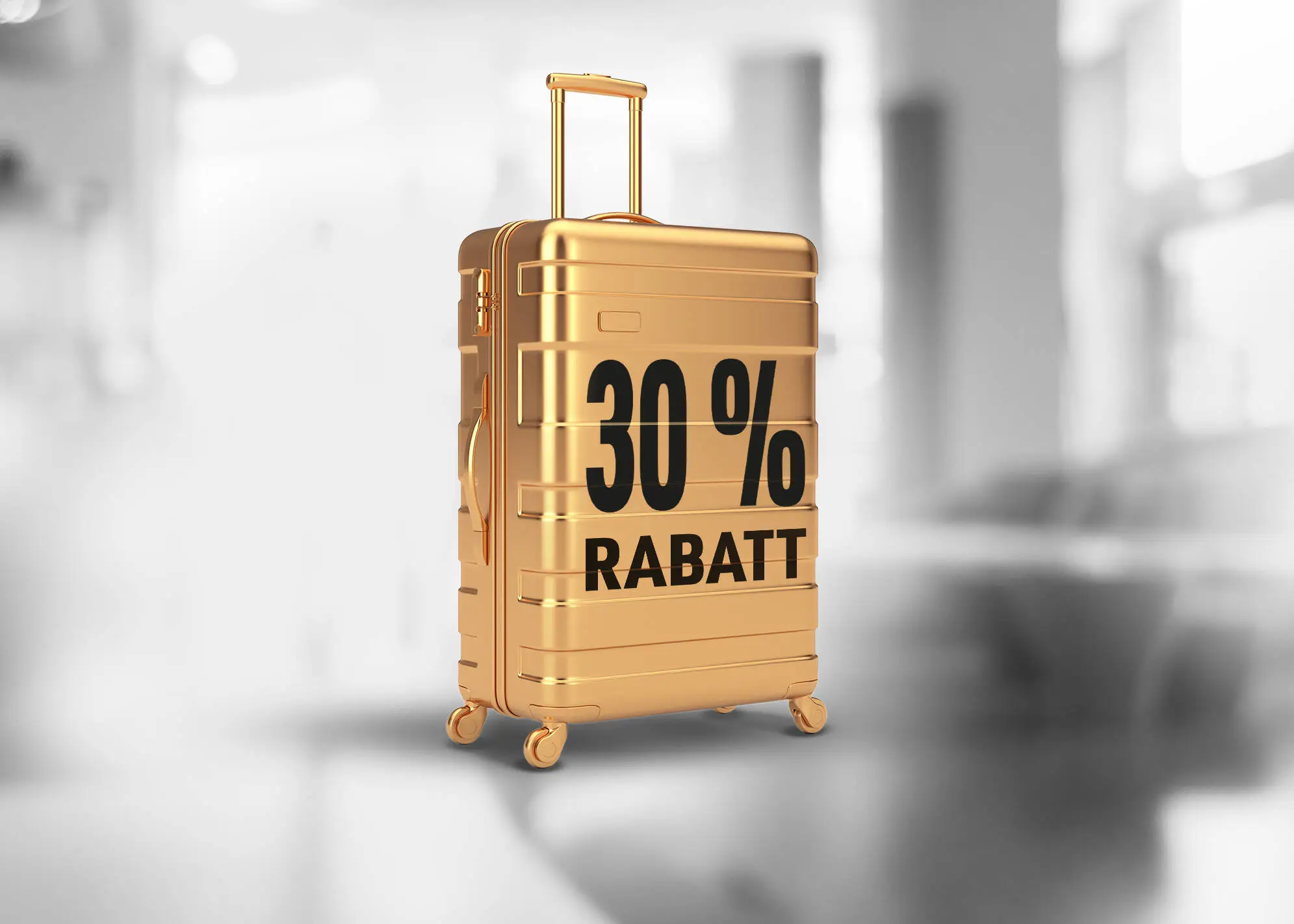 Goldener Koffer mit 30% Rabatt darauf.