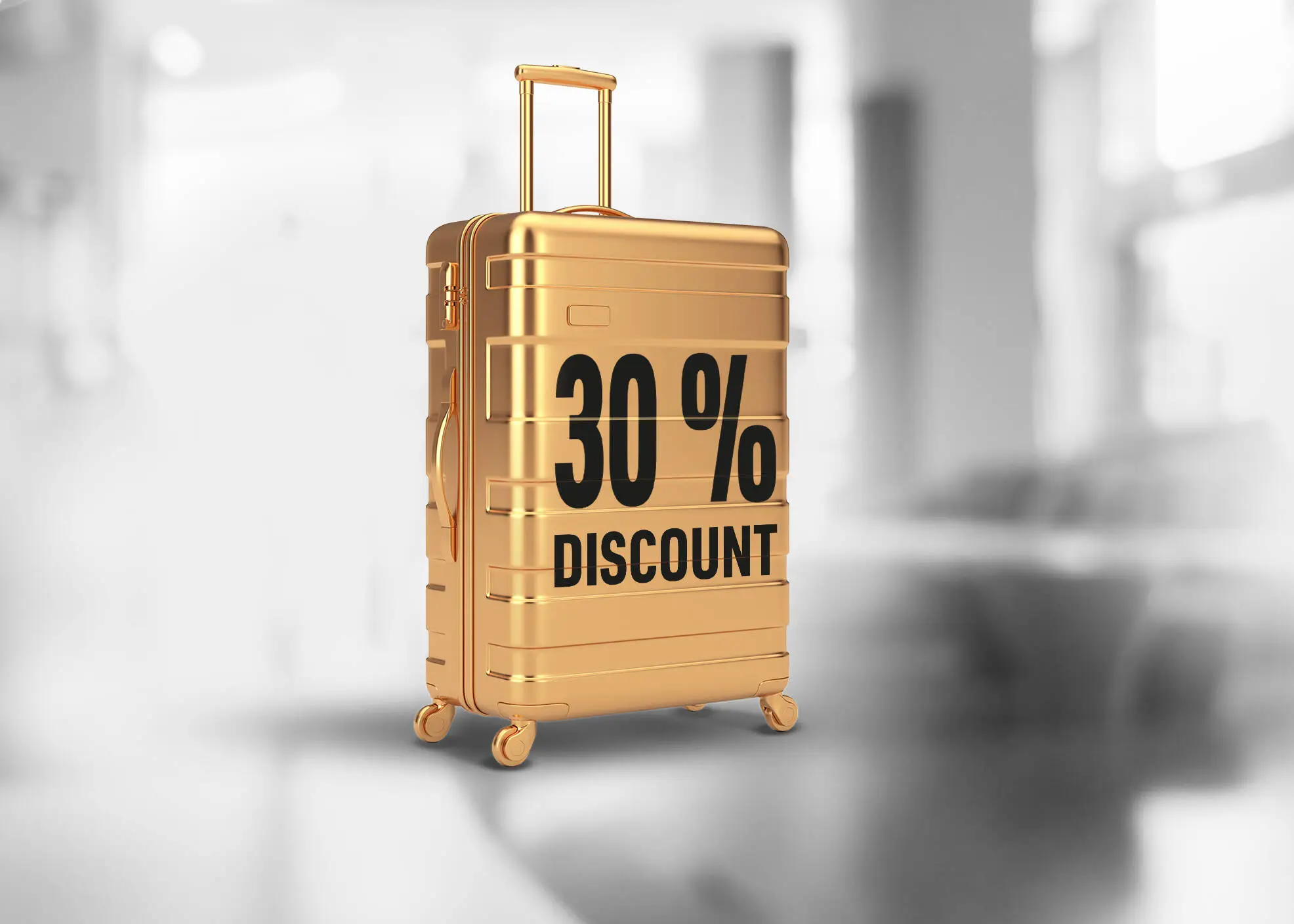 A golden lugage with 30% discount.