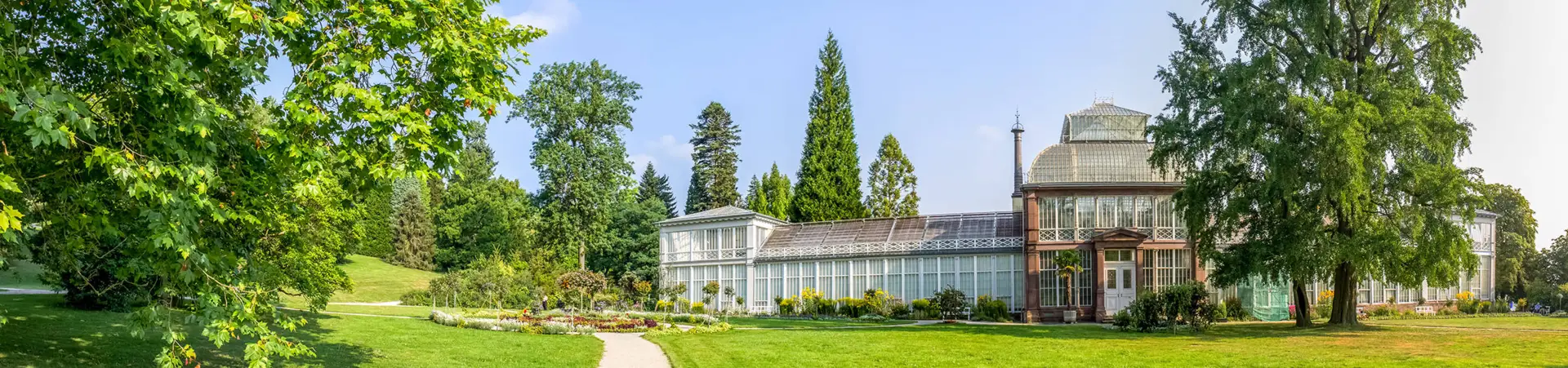 Großes Gewächshaus im Park Wilhelmshöhe. Vor dem Gewächshaus ist ein großes Blumenbeet.