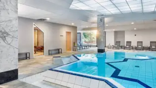 Sternförmiger Pool mit Liegen am Rand. Auf der linken Seite geht es durc heine Tür in den Ruhebereich.