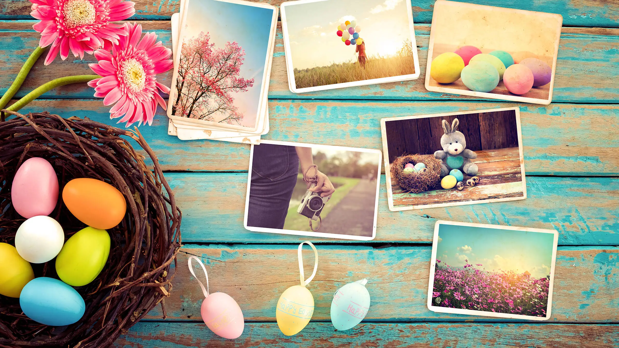 Easter basket with a collage of travel destinations