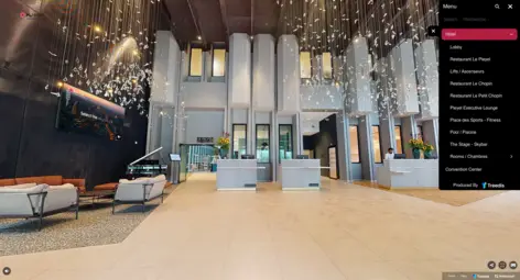 Image of the tool with virtual hotel tour with expanded selection menu of the various hotel areas.