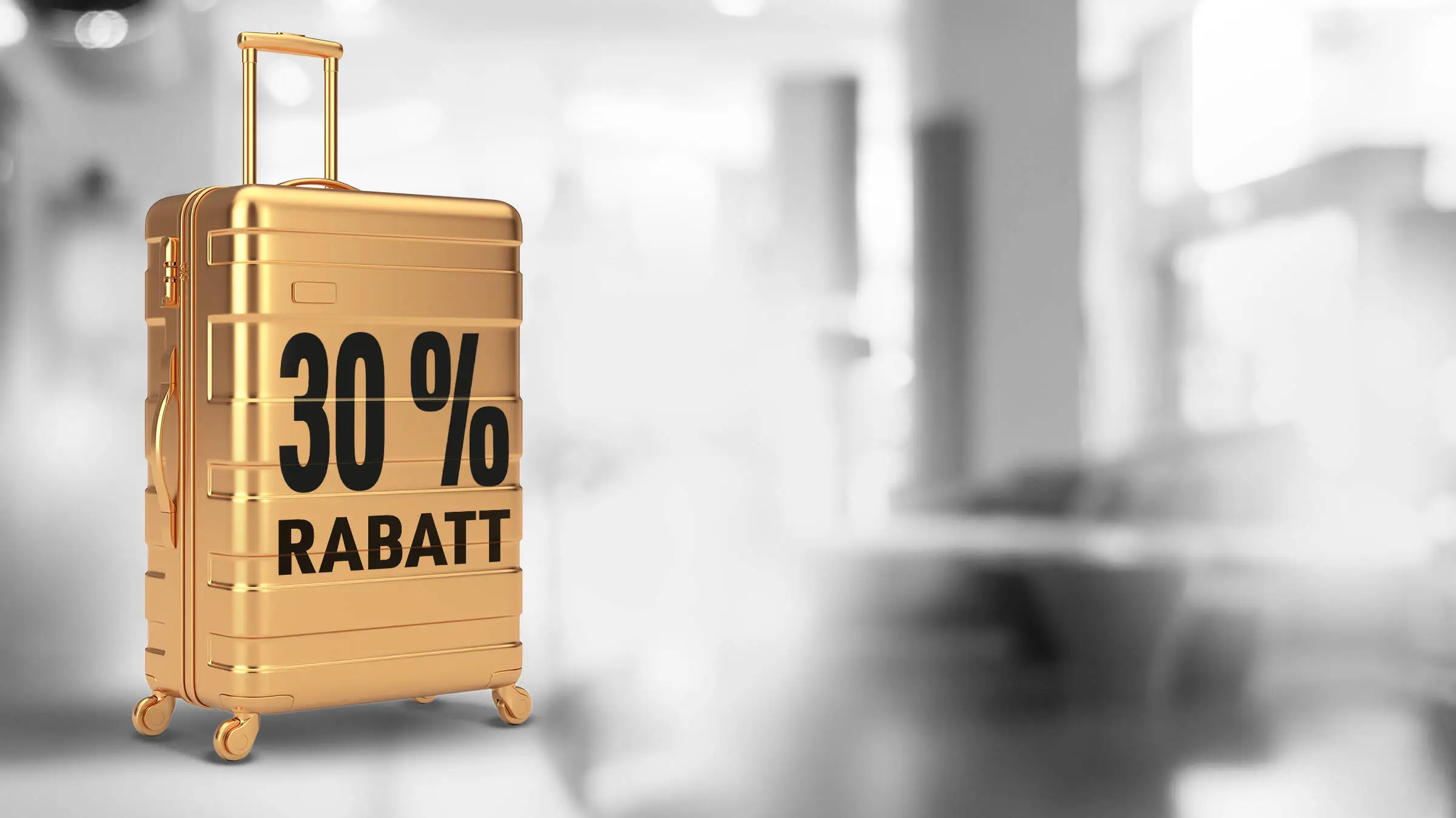 Goldener Koffer mit 30% Rabatt darauf.