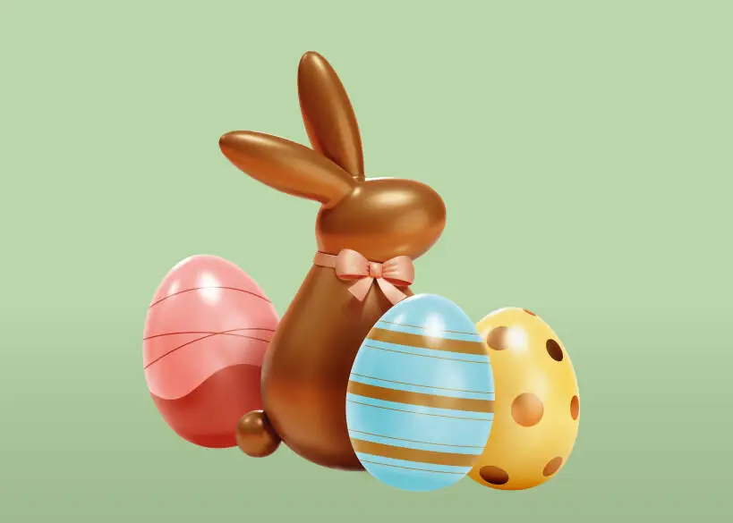 Osterhase mit Eiern auf grünem Hintergrund