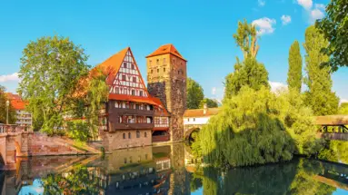 Half-timbered houses by the lake.