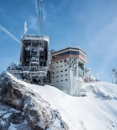 Snow-covered gondola station on the Zugspitze