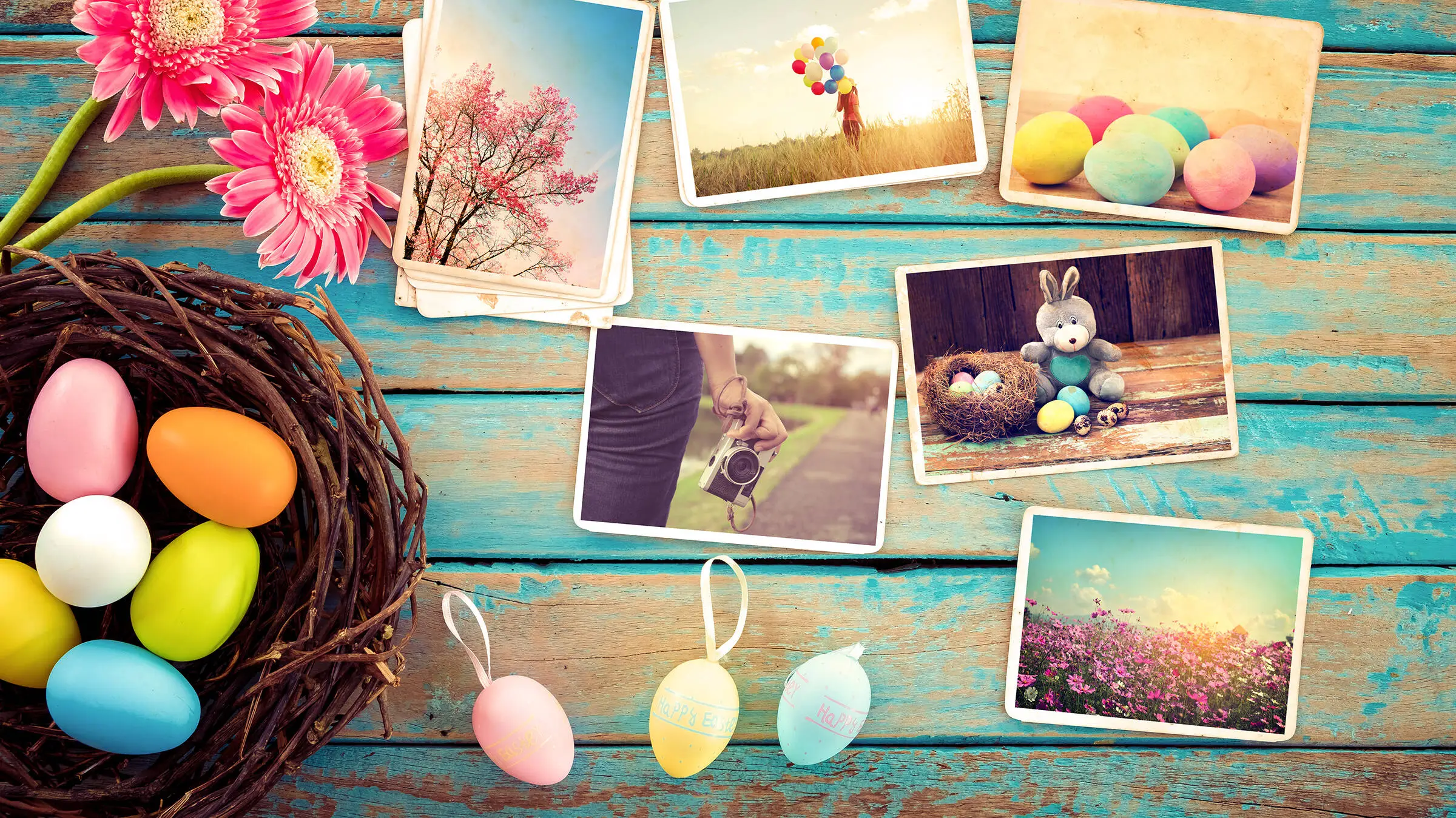 Osternest mit Collage von Reiseorten