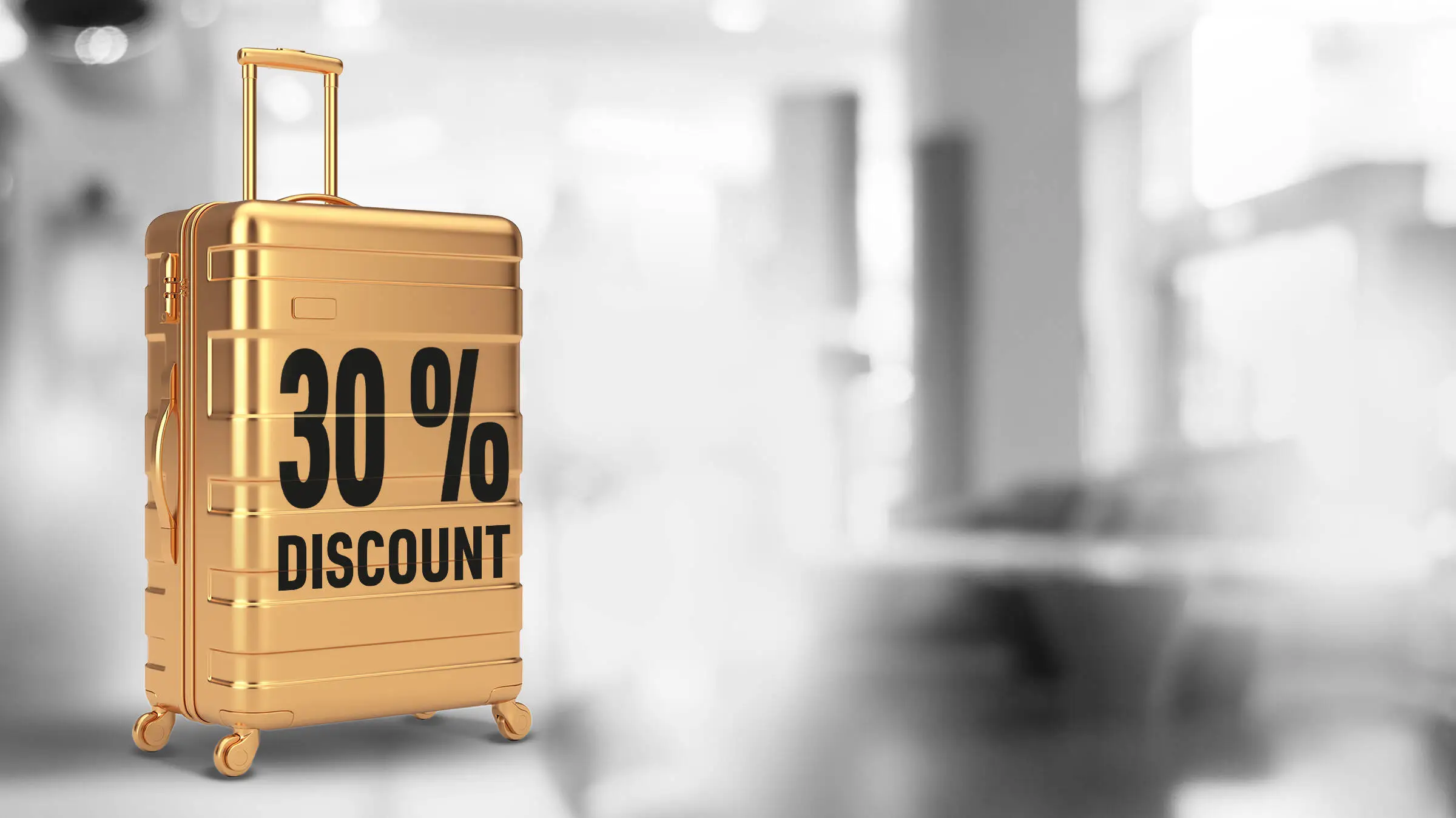 A golden lugage with 30% discount.