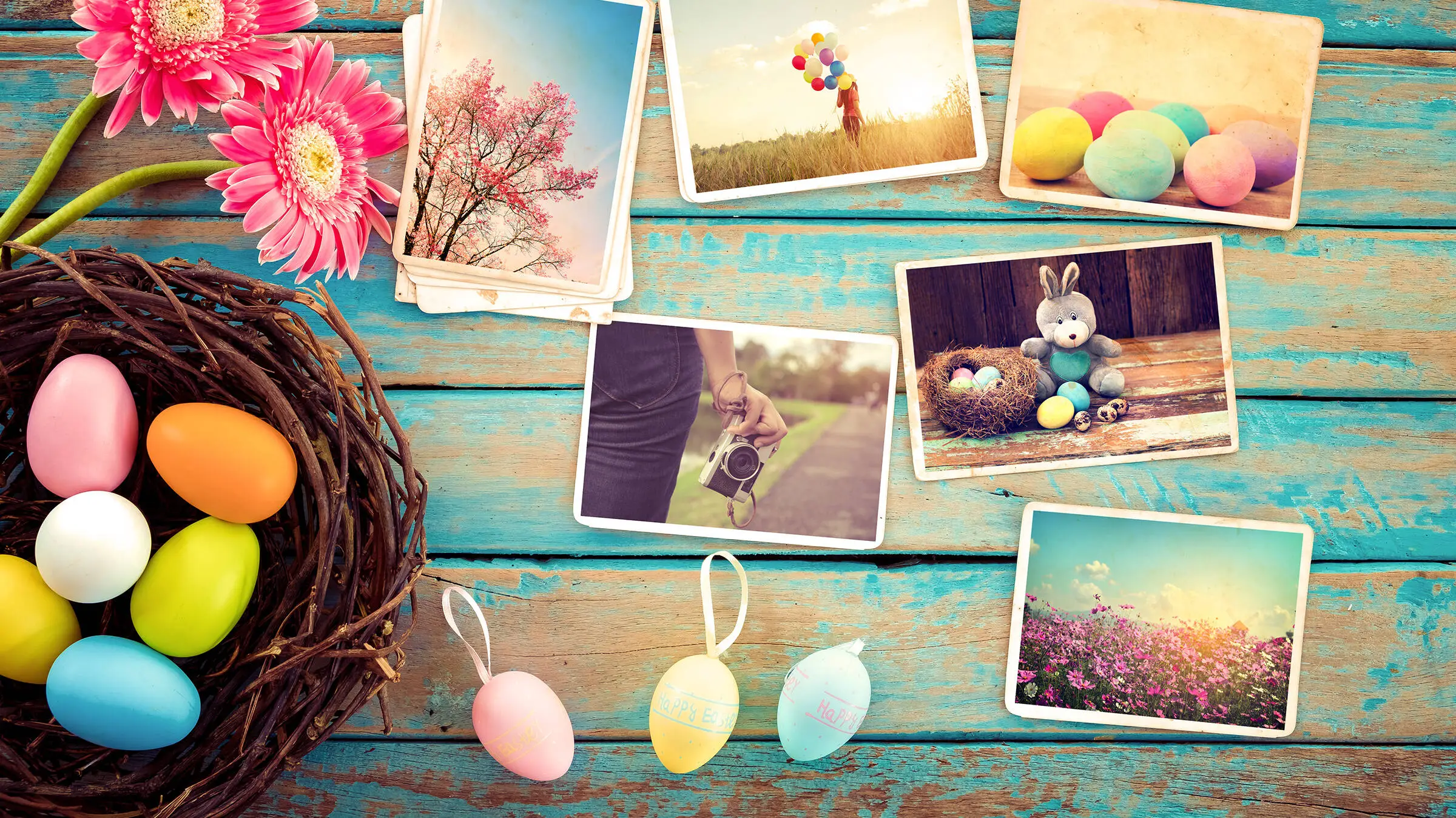 Cesta de Pascua con un collage de lugares de viaje