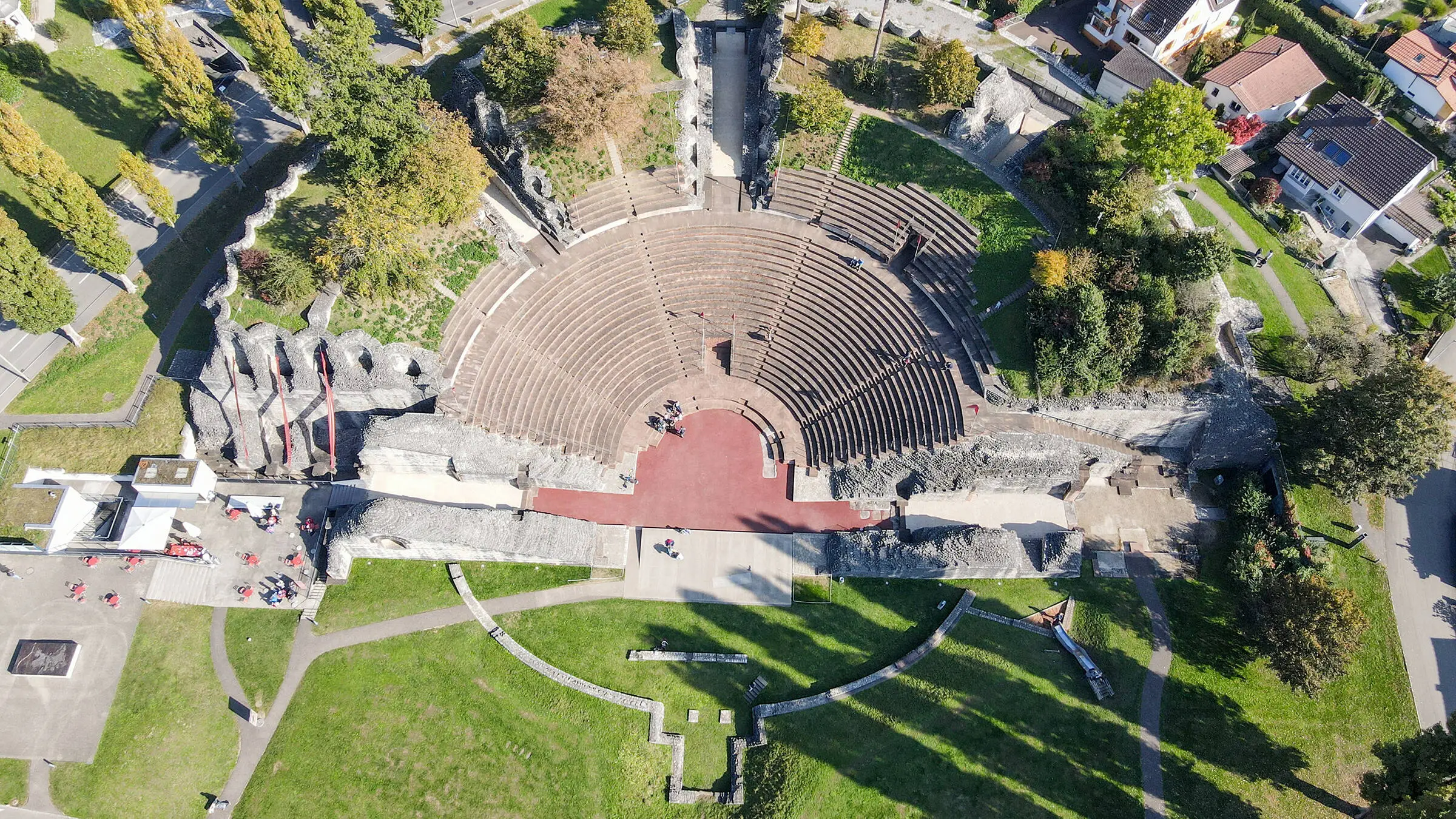 Augusta Raurica from above with the Roman theatre in the middle