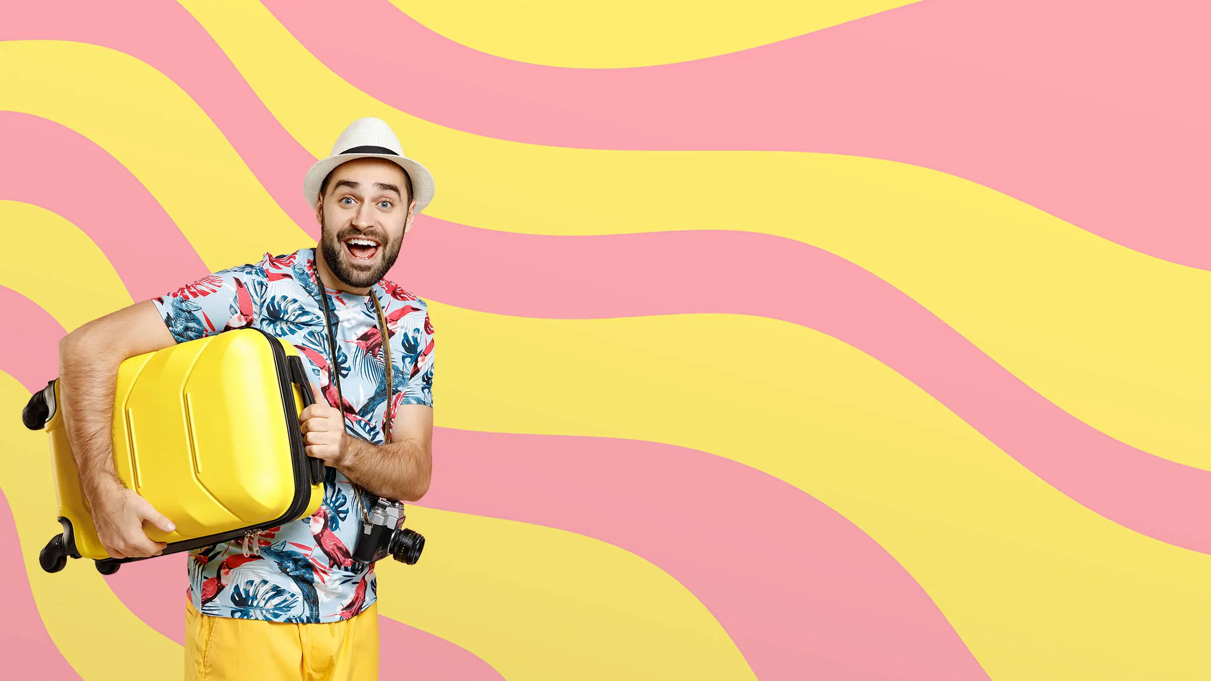 pink and yellow waves with man and lugage